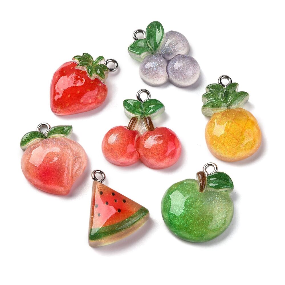 3555 40 pcs Mixed Styles Fruit Theme Resin Charms Strawberry Peach Cherry